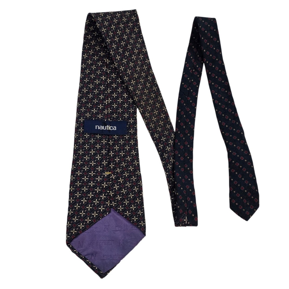 Nautica Silk Tie Patterned Navy Red Cream‎ Jacquard Necktie Mens Vintage